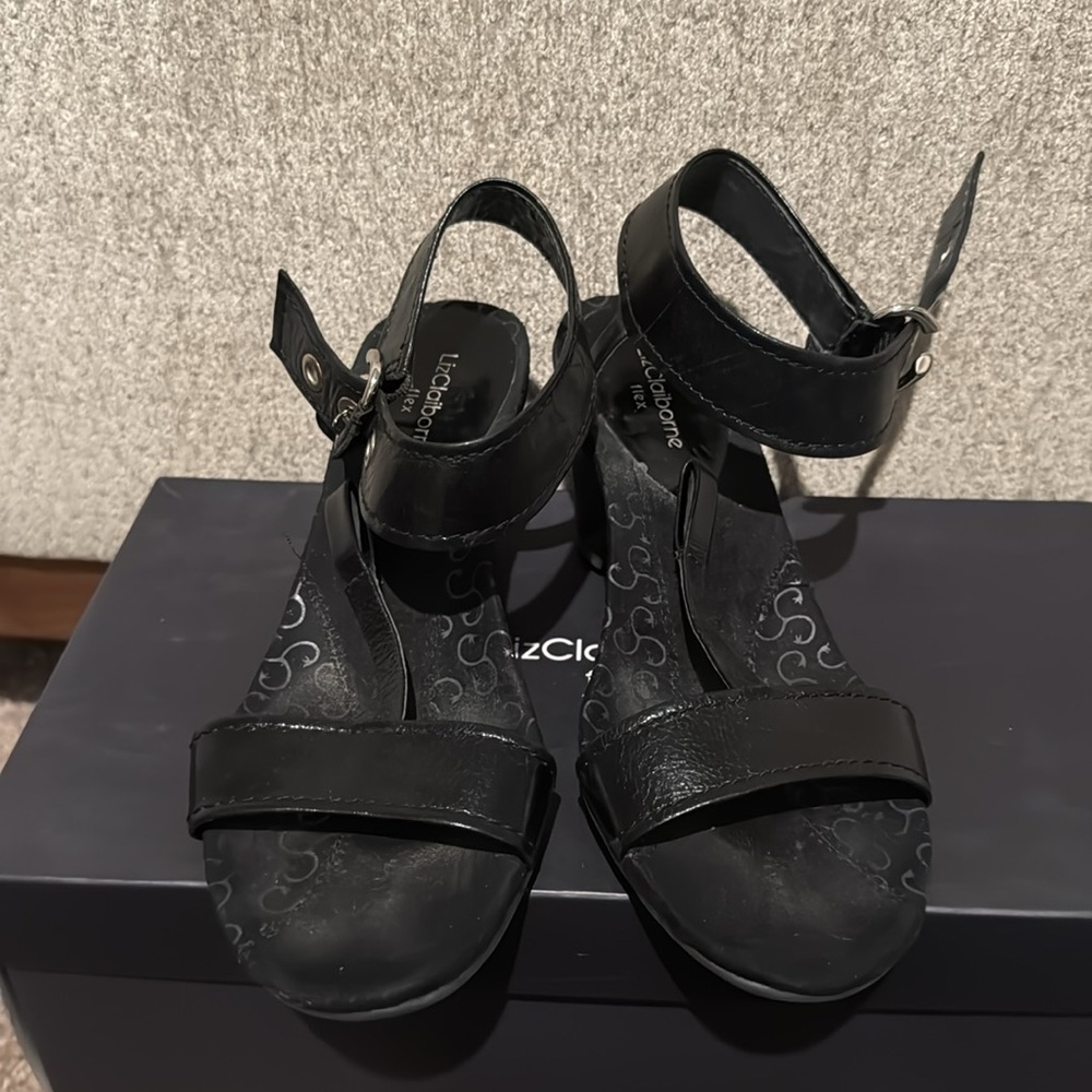 Liz Claiborne Black Wedge Sandals - Picture 2 of 5